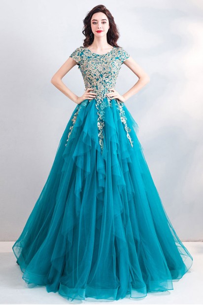 Robe bal princesse rétro bleu turquoise bustier brodé jupe cascade